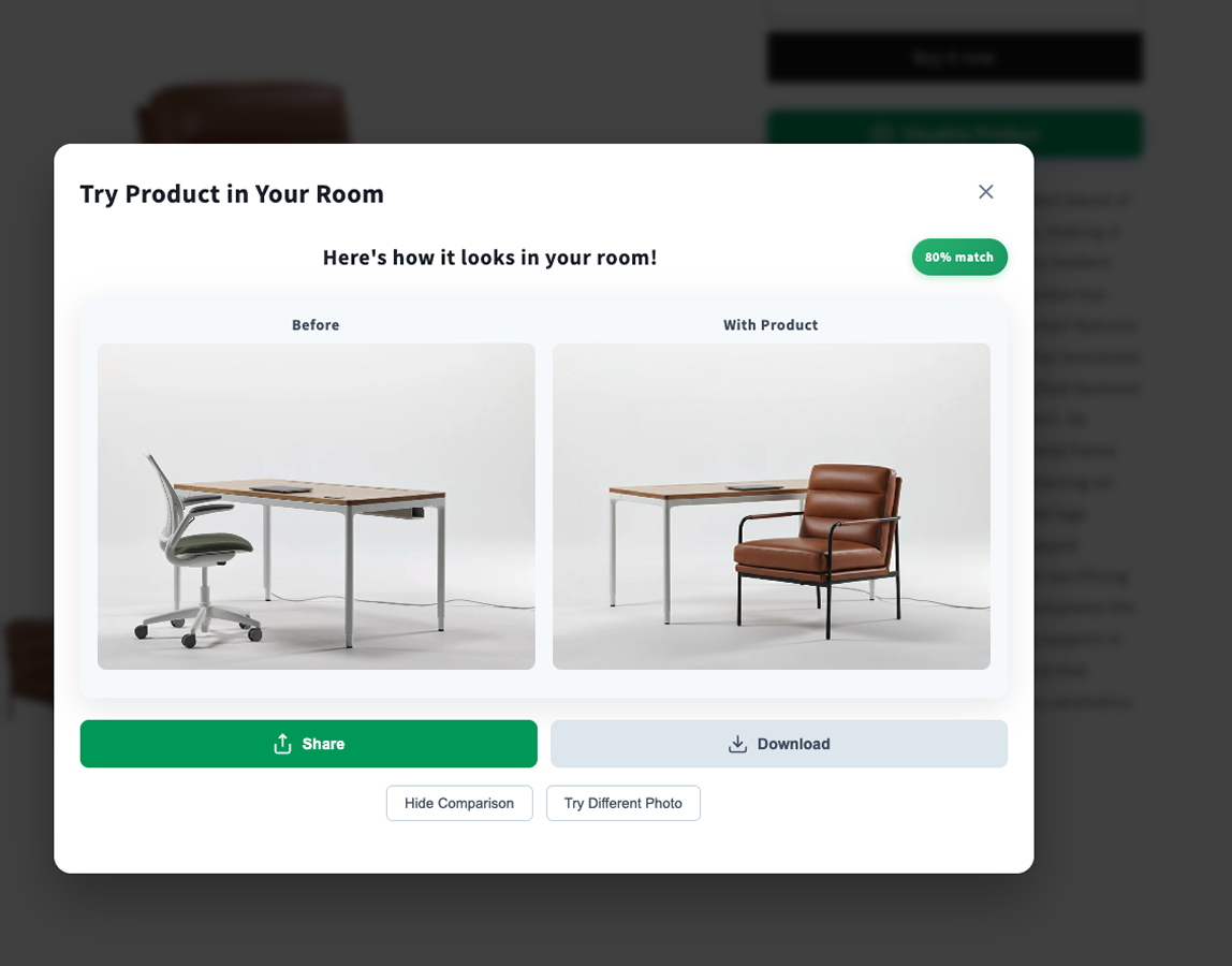AI room preview interface showing furniture in a modern living room